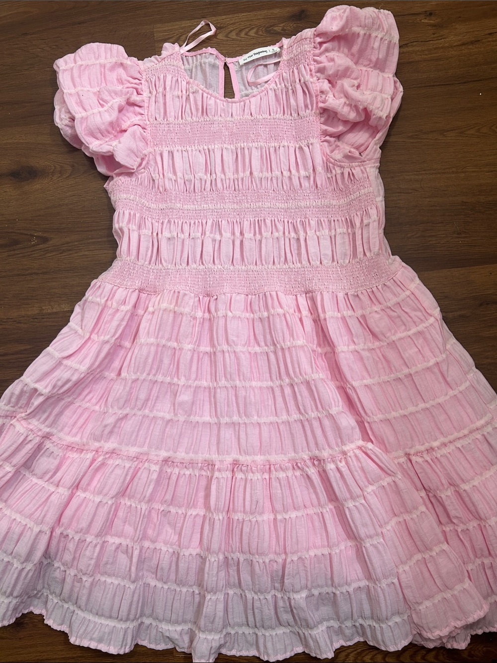 Girls Pink Smocked Tiered Mini Dress with Puff Sleeves
